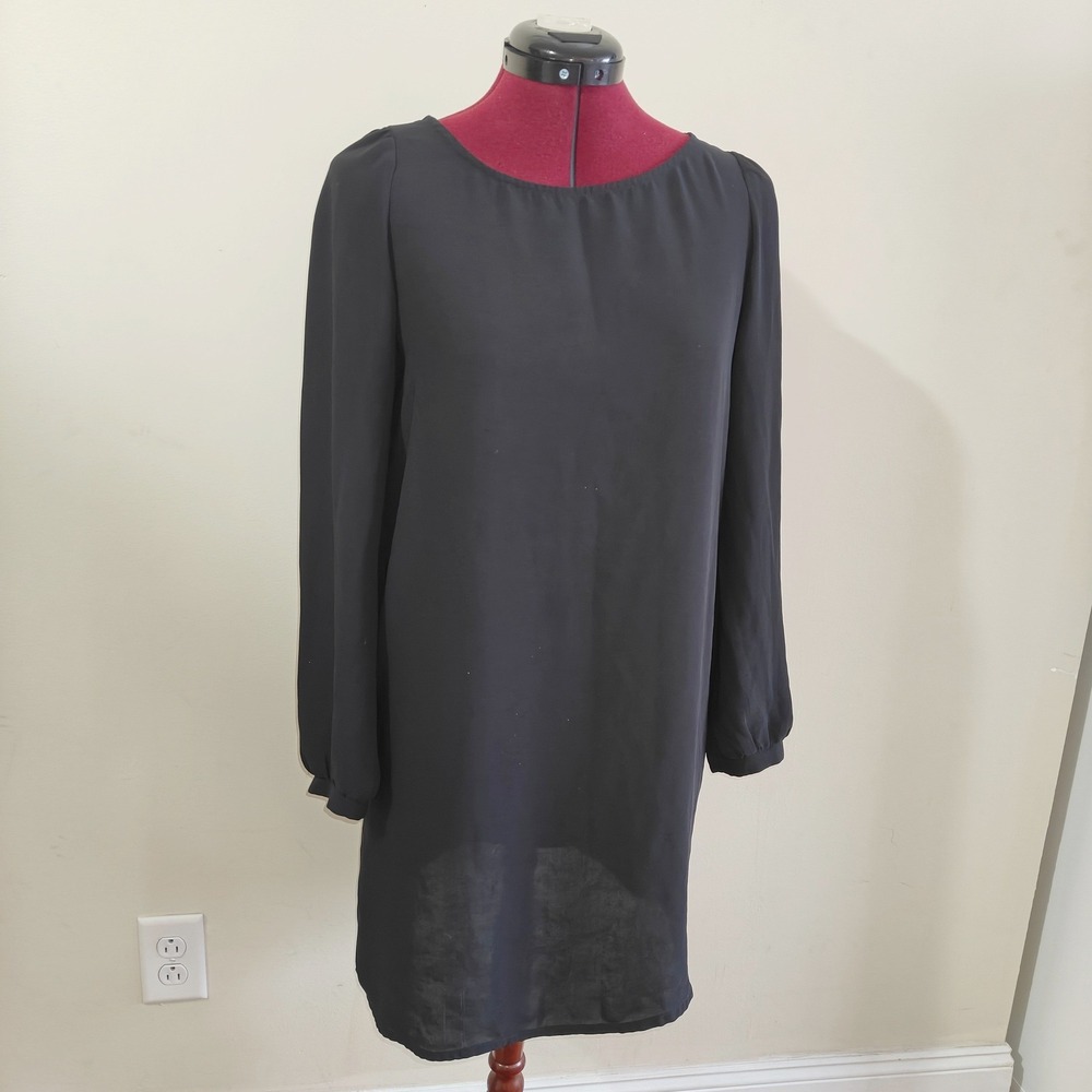 Brigitte Bailey Women Long Puff Sleeve Shift Dress Black Tunic Solid Flowy Small